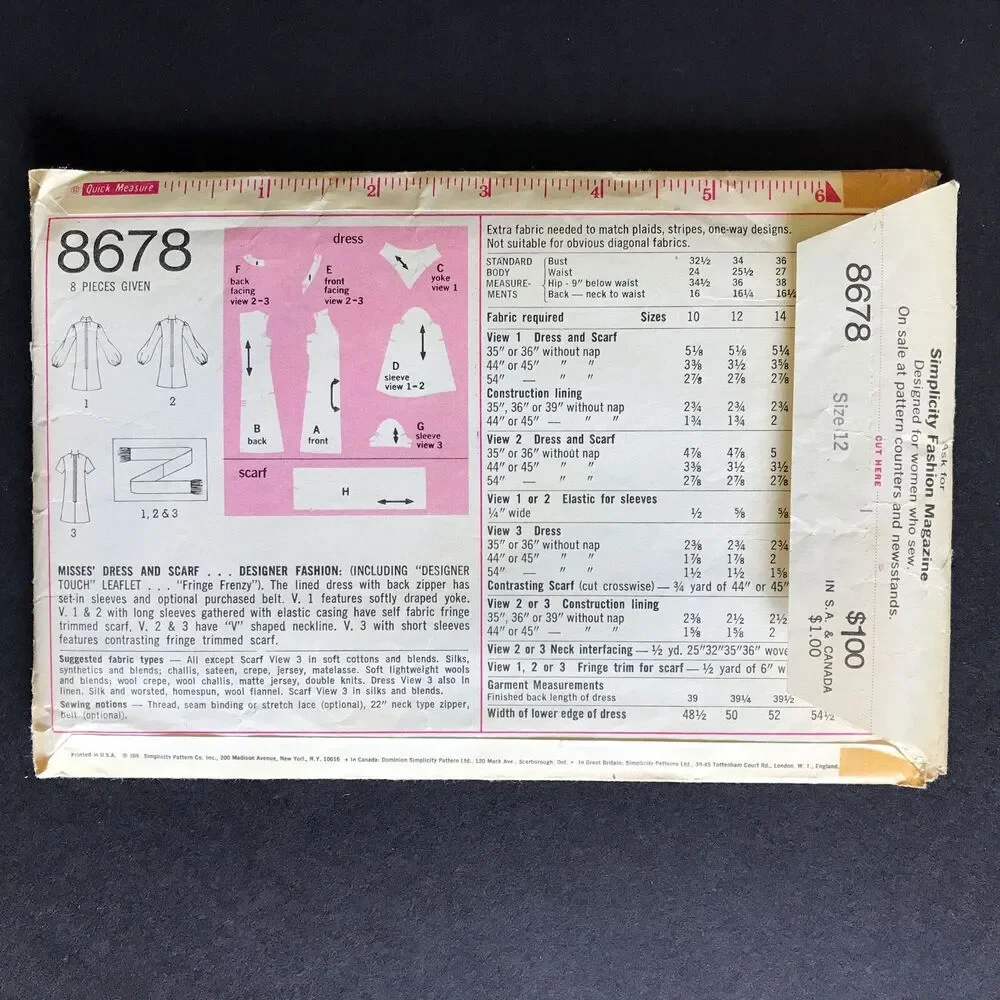 Dress and Scarf Pattern Simplicity 1970 Designer 8678 Size 12 Vintage